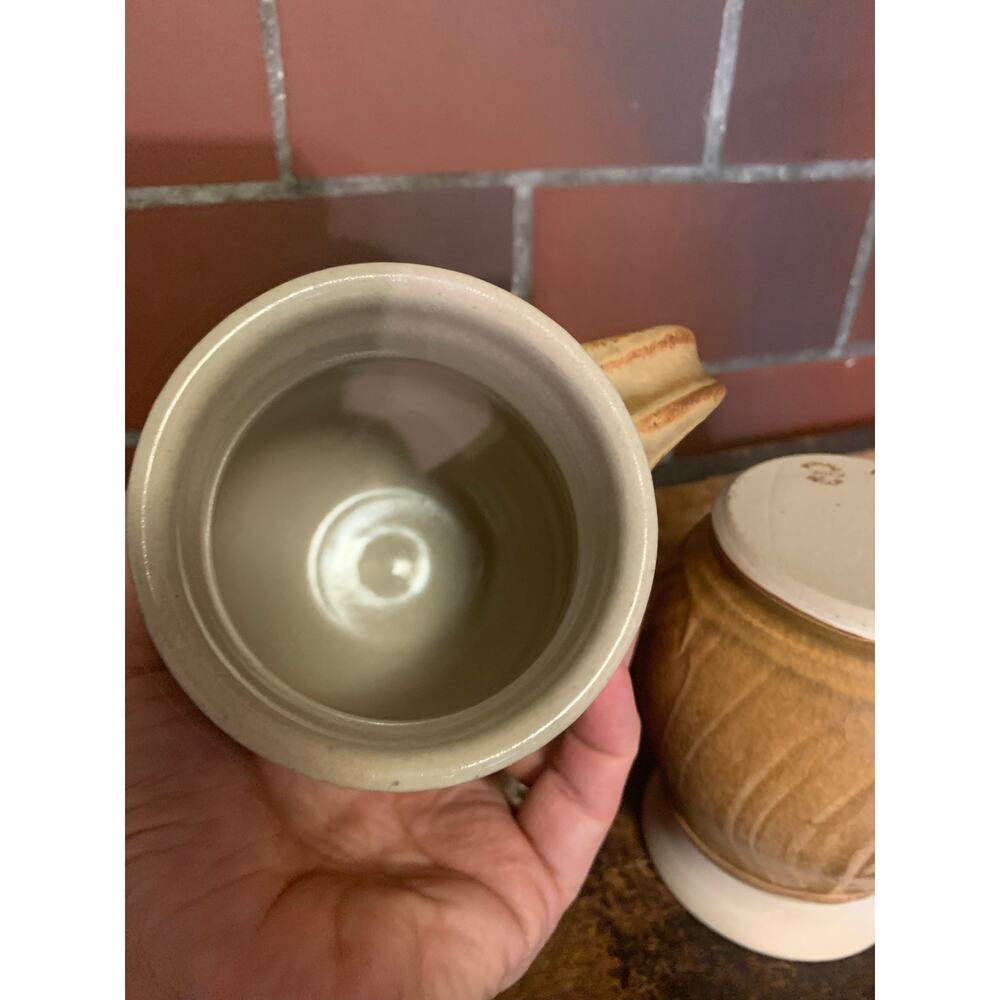Pair Pewabic Pottery Detroit Mugs 2011 Birch Glaze Coffee Cups Handcrafted - Picture 6 of 7